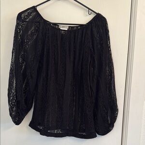 Black Ruched 3/4 Sleeve Lace Blouse